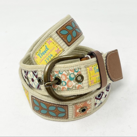 Fossil Accessories - FOSSIL Women’s Canvas Leather Patchwork Belt Brass Hardware